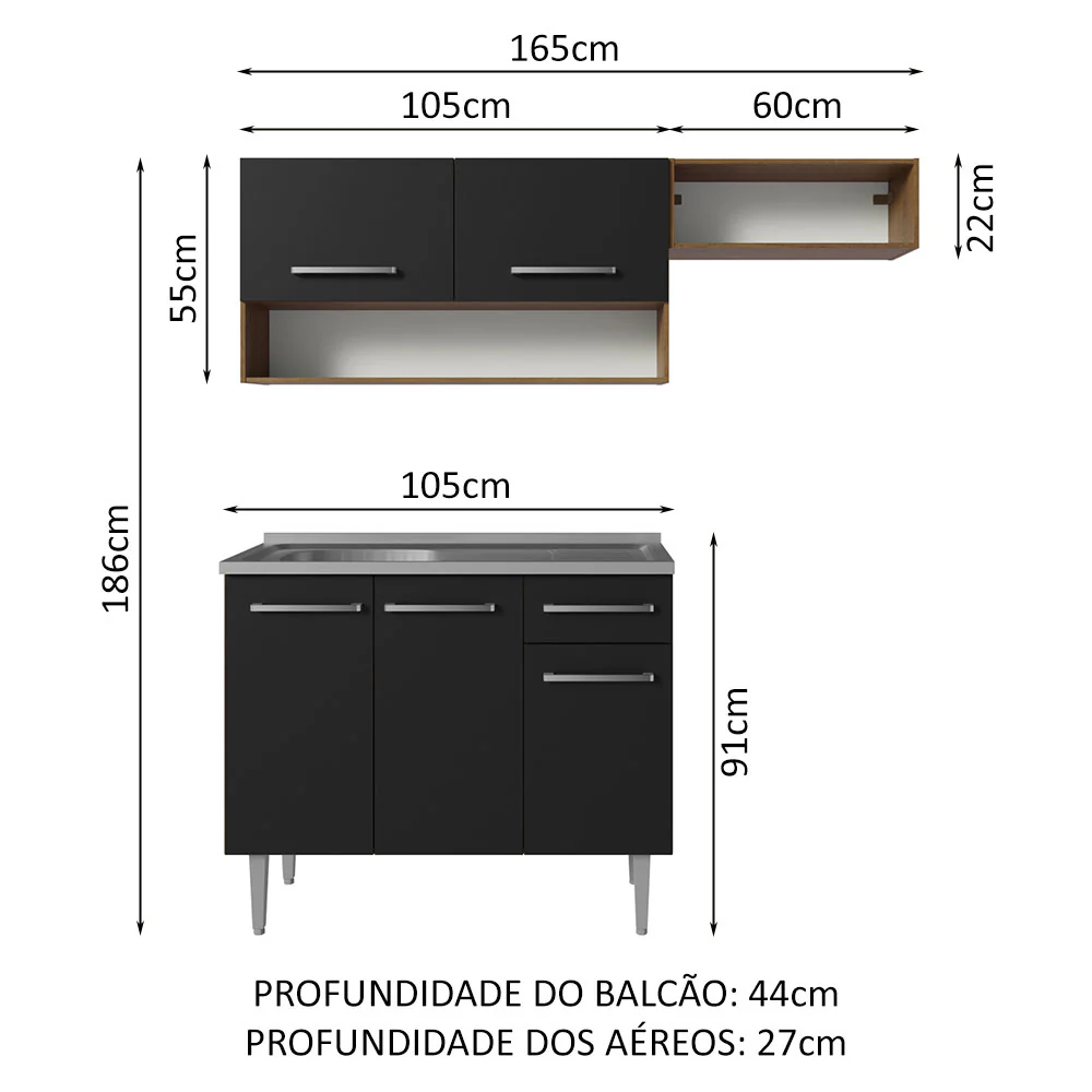 Armário de Cozinha Compacta 165cm com Pia Rustic/Preto Emilly Madesa 09 - Image 3