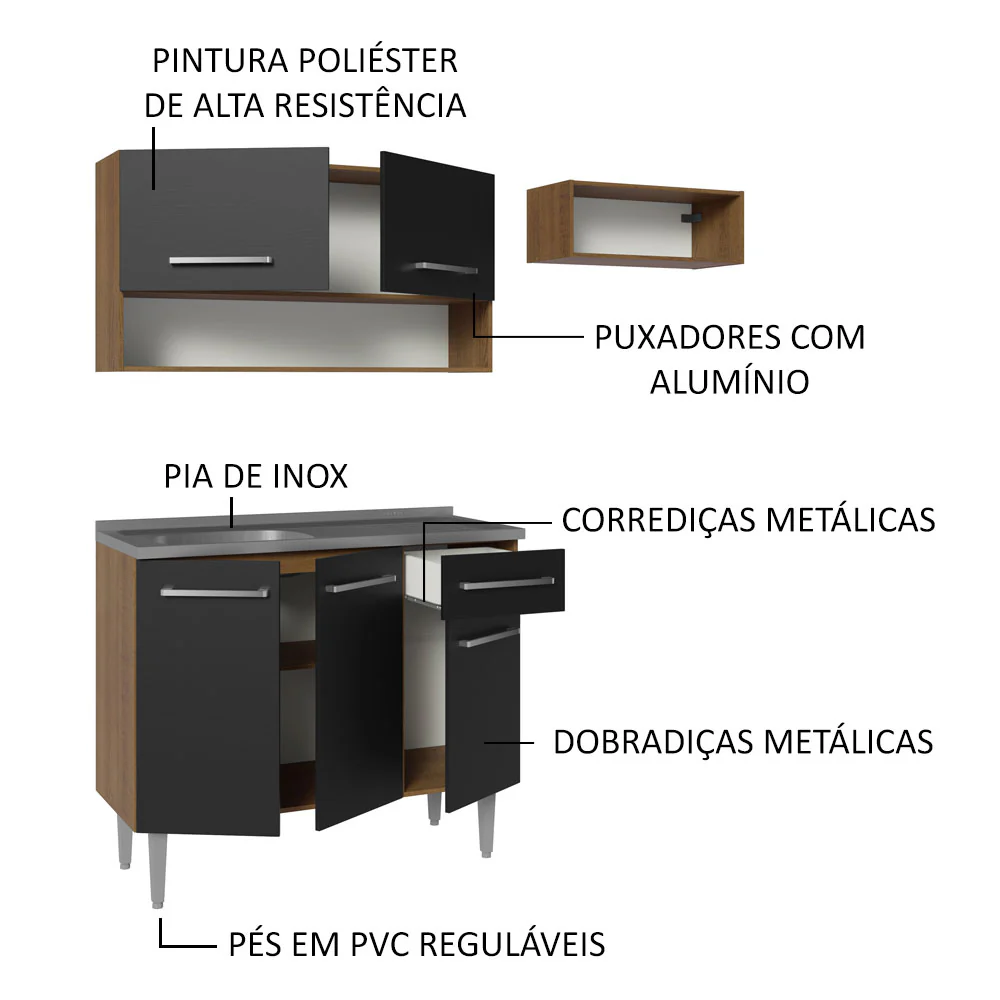 Armário de Cozinha Compacta 165cm com Pia Rustic/Preto Emilly Madesa 09 - Image 4