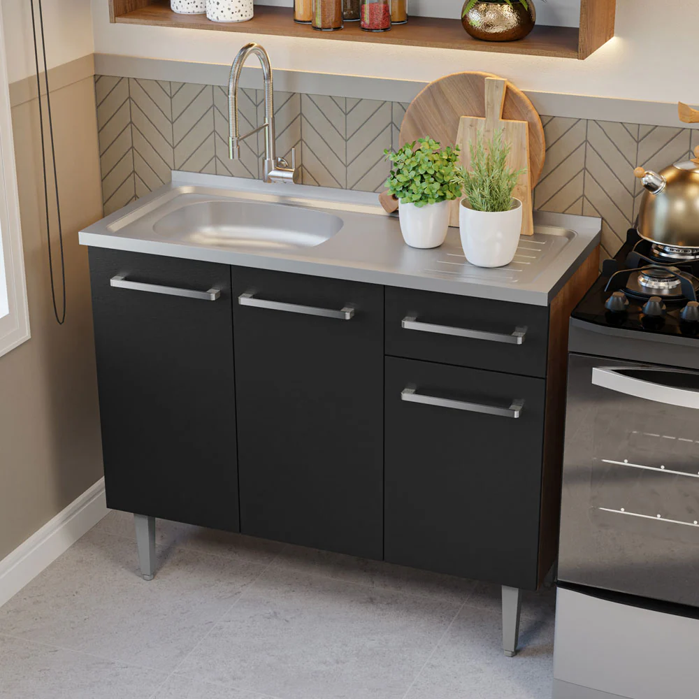 Armário de Cozinha Compacta 165cm com Pia Rustic/Preto Emilly Madesa 09 - Image 5