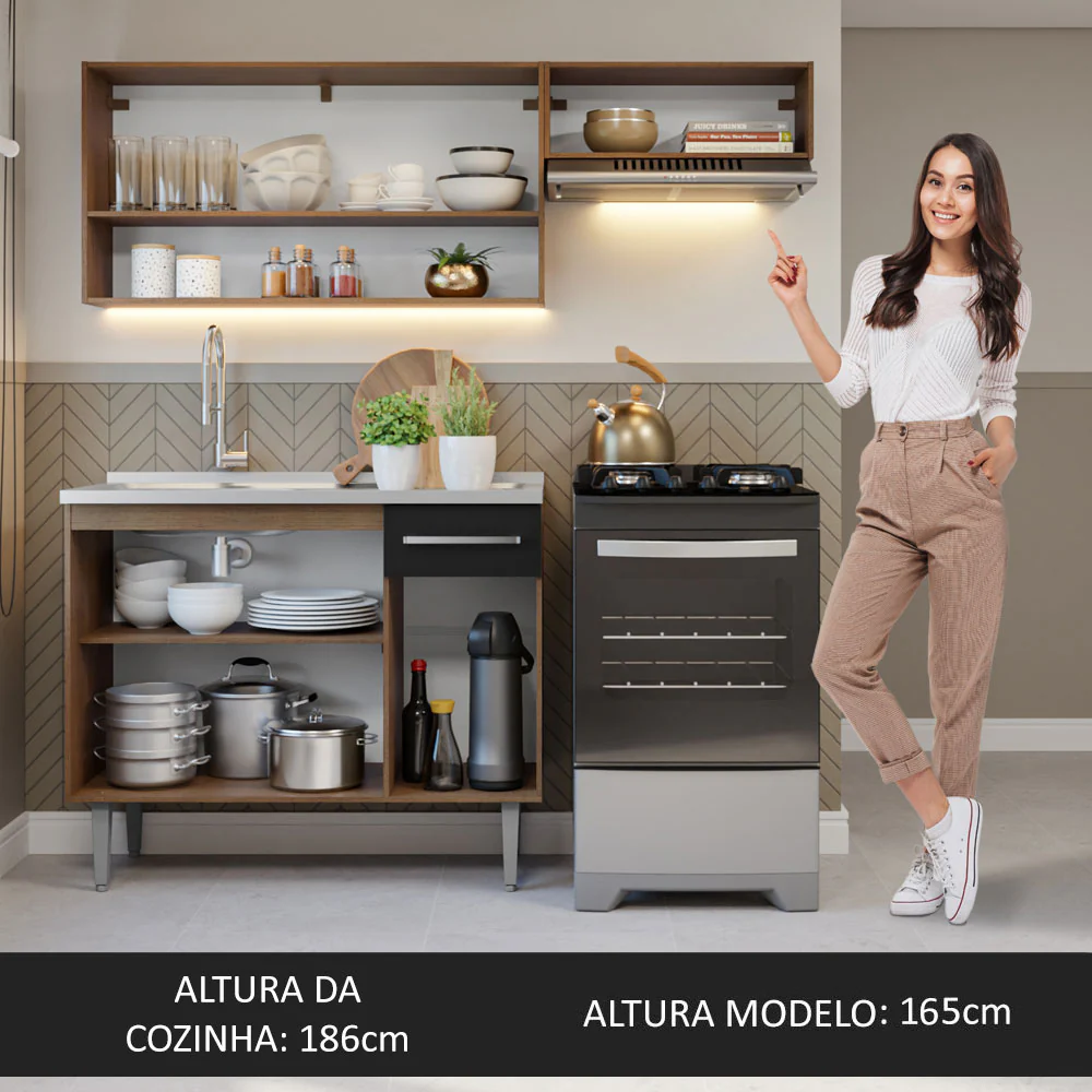 Armário de Cozinha Compacta 165cm com Pia Rustic/Preto Emilly Madesa 09 - Image 6