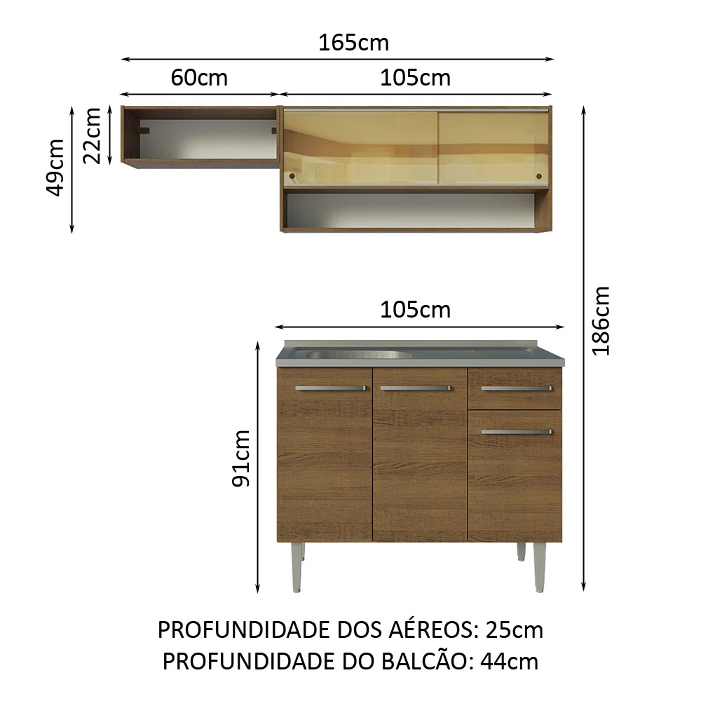 Armário de Cozinha Compacta 165cm com Pia Rustic Emilly Madesa 01 - Image 3