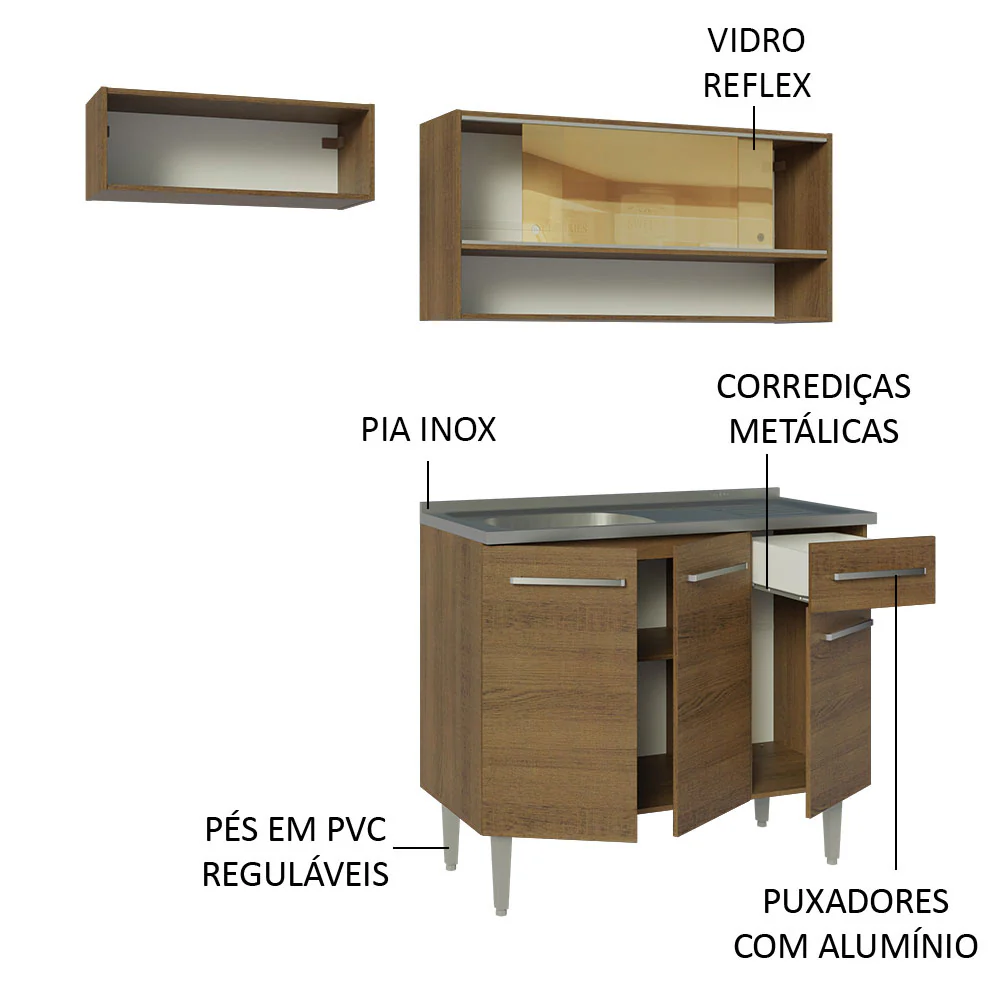 Armário de Cozinha Compacta 165cm com Pia Rustic Emilly Madesa 01 - Image 4