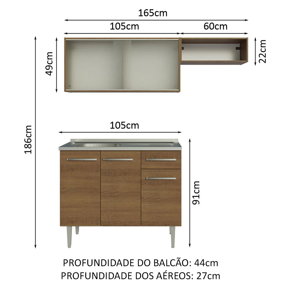 Armário de Cozinha Compacta 165cm com Pia Rustic Emilly Madesa 05 - Image 3
