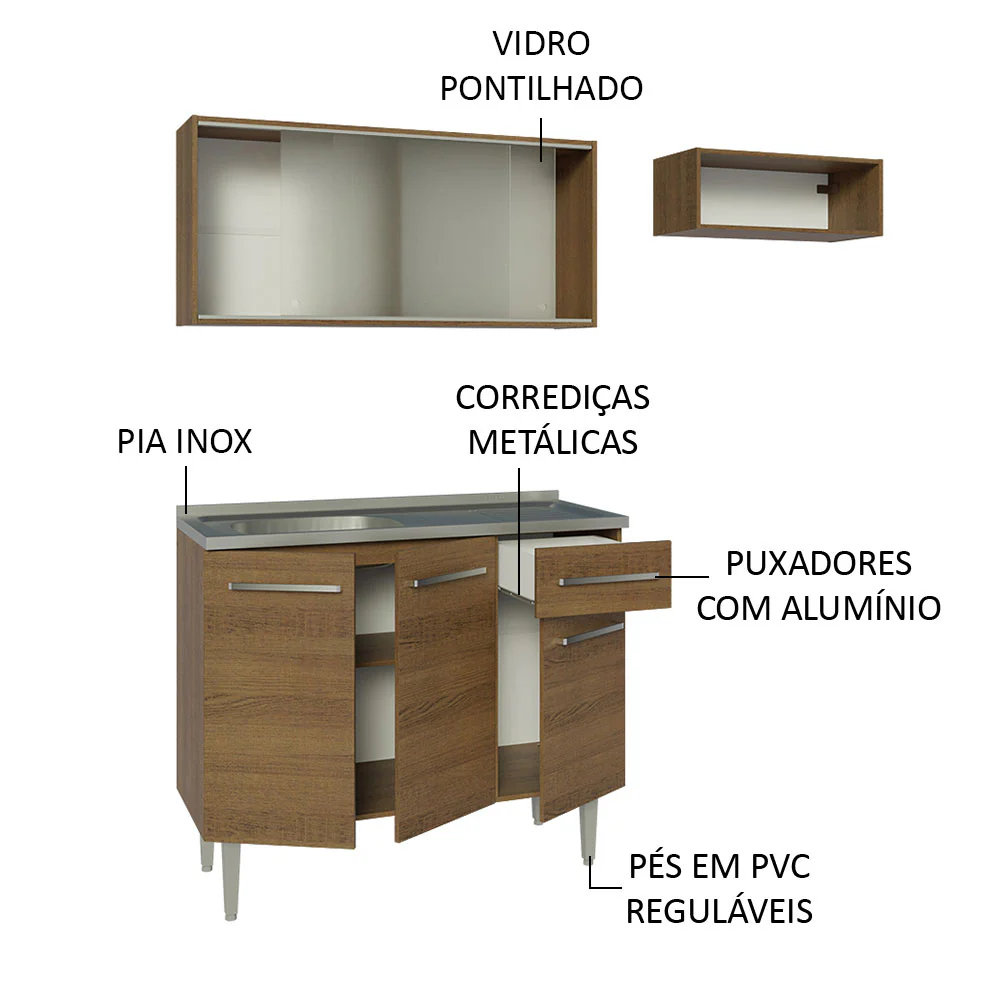 Armário de Cozinha Compacta 165cm com Pia Rustic Emilly Madesa 05 - Image 4