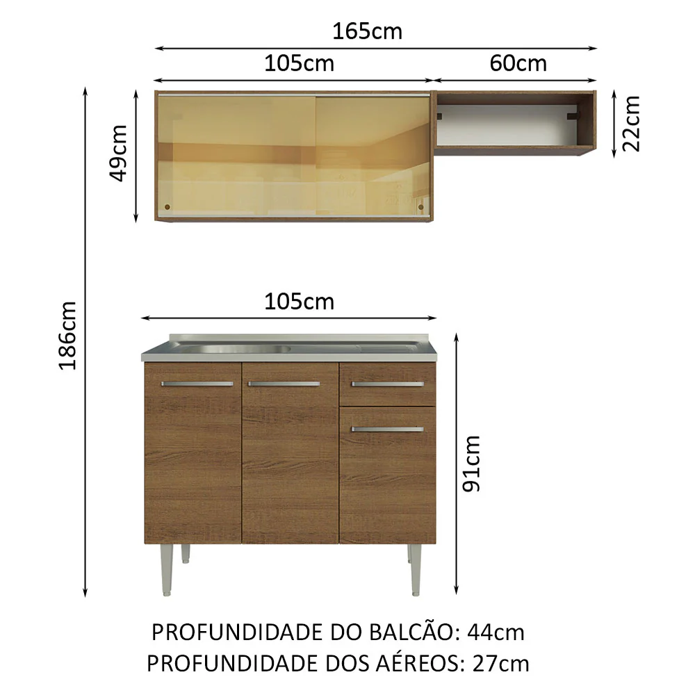 Armário de Cozinha Compacta 165cm com Pia Rustic Emilly Madesa 06 - Image 3