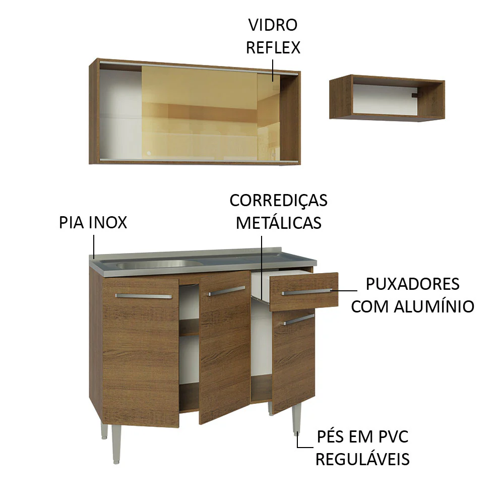 Armário de Cozinha Compacta 165cm com Pia Rustic Emilly Madesa 06 - Image 4