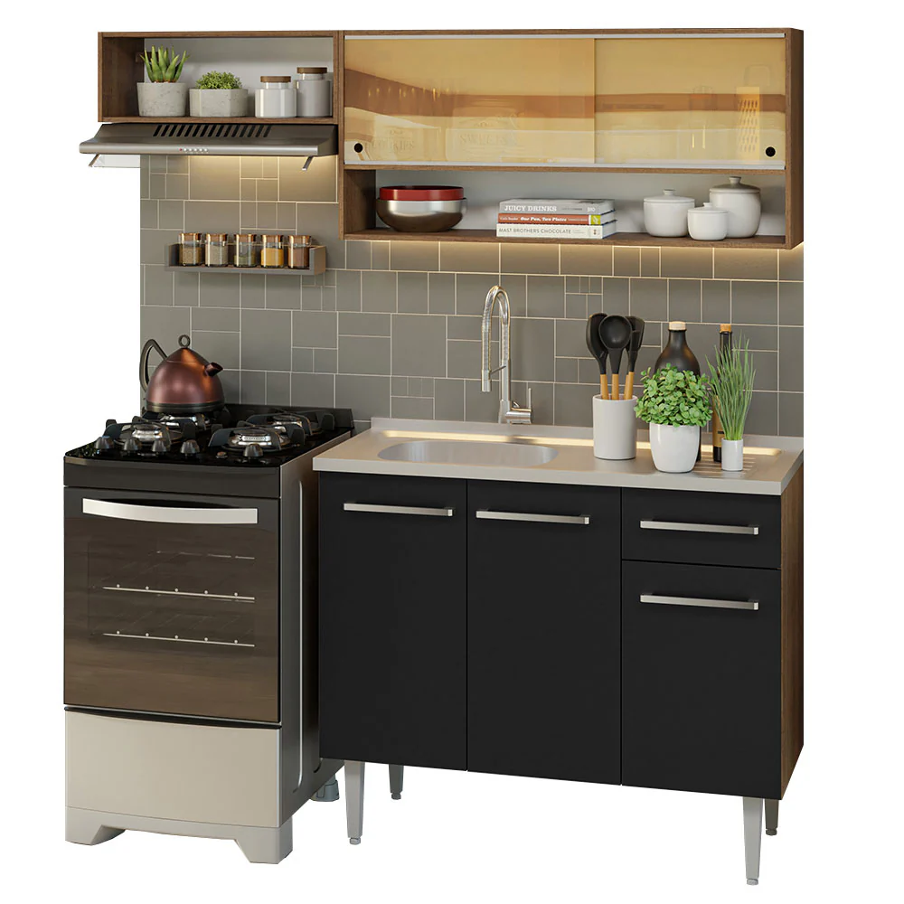 Armário de Cozinha Compacta 165cm com Pia Rustic/Preto Emilly Madesa 01 - Image 2