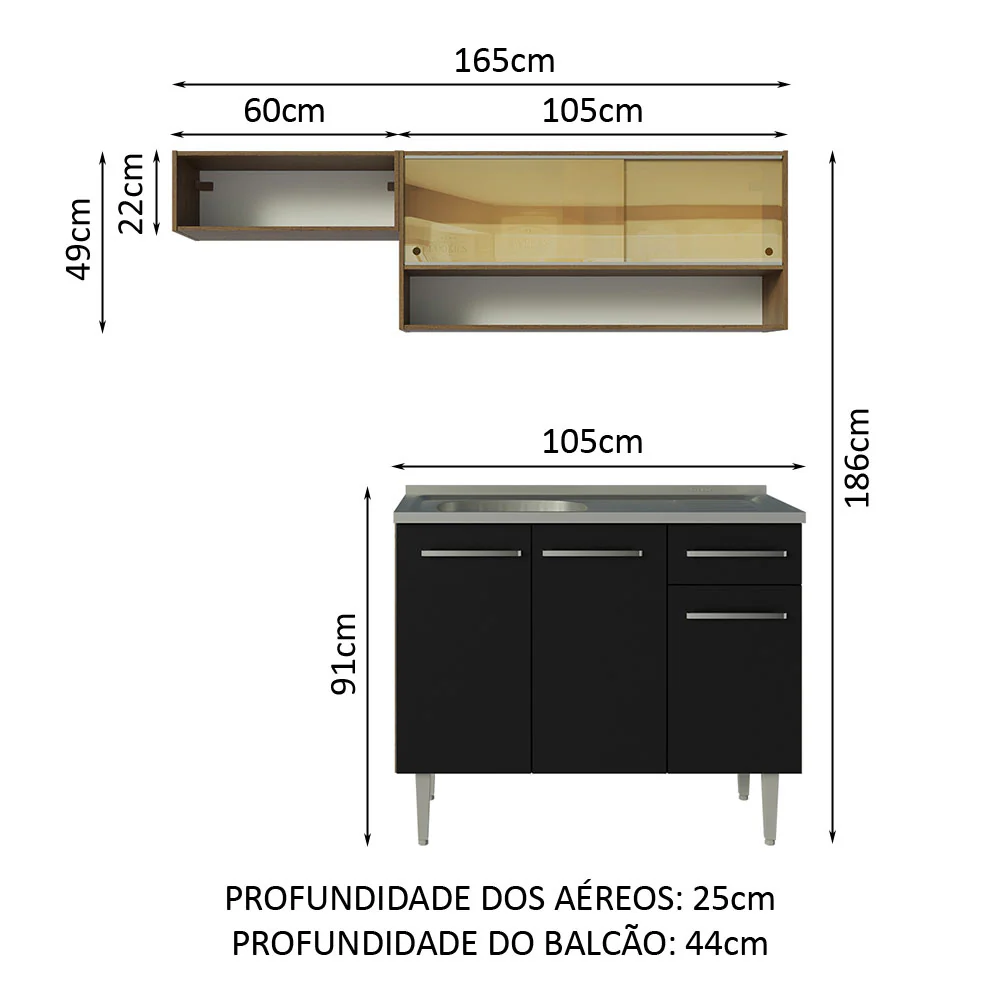 Armário de Cozinha Compacta 165cm com Pia Rustic/Preto Emilly Madesa 01 - Image 3