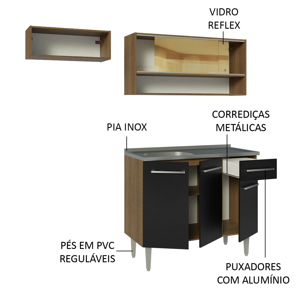 Armário de Cozinha Compacta 165cm com Pia Rustic/Preto Emilly Madesa 01 - Image 4