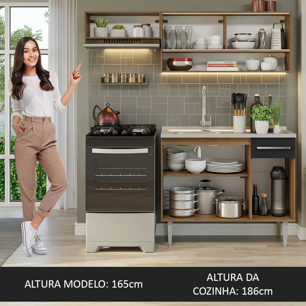 Armário de Cozinha Compacta 165cm com Pia Rustic/Preto Emilly Madesa 01 - Image 5