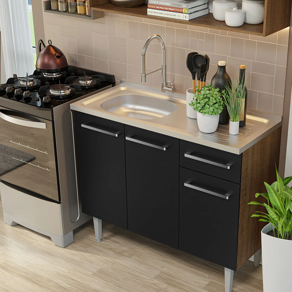 Armário de Cozinha Compacta 165cm com Pia Rustic/Preto Emilly Madesa 01 - Image 6