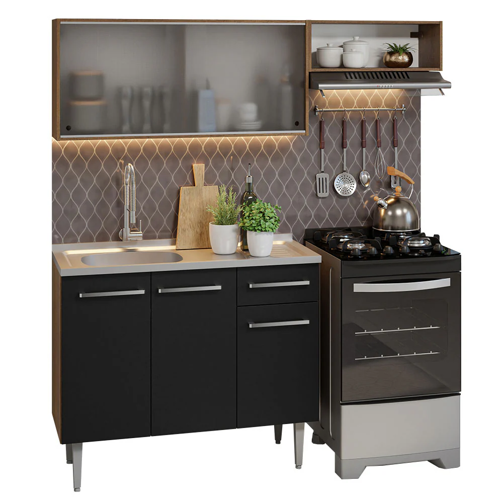Armário de Cozinha Compacta 165cm com Pia Rustic/Preto Emilly Madesa 05 - Image 2