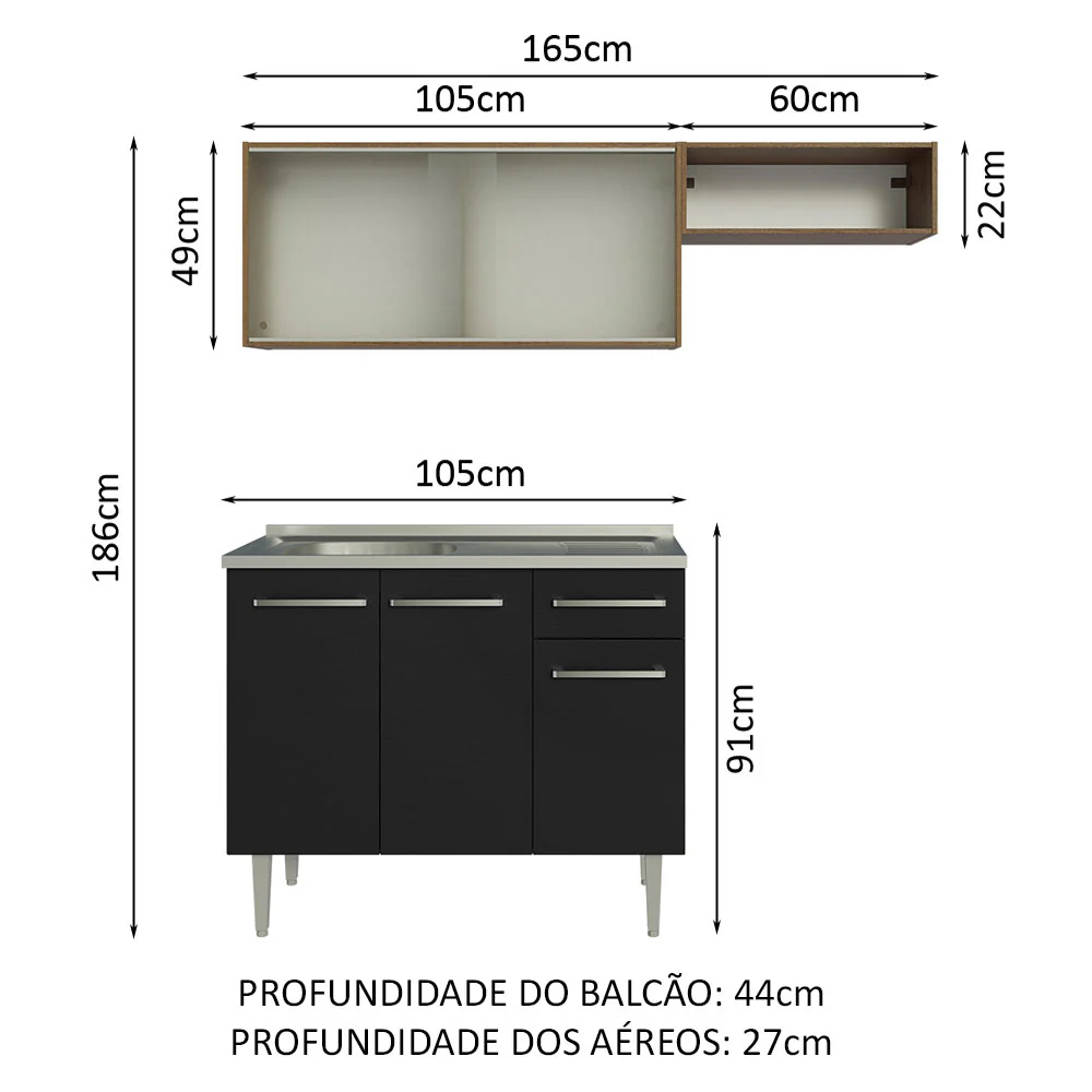 Armário de Cozinha Compacta 165cm com Pia Rustic/Preto Emilly Madesa 05 - Image 3