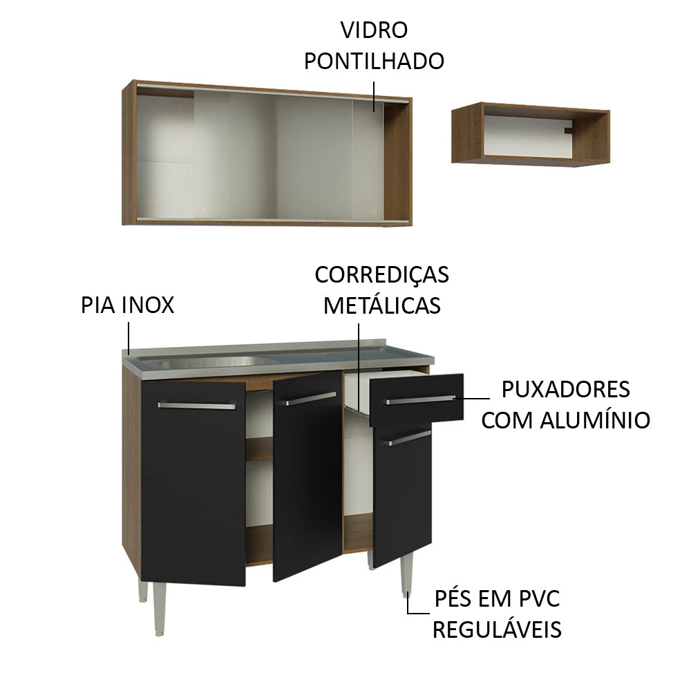 Armário de Cozinha Compacta 165cm com Pia Rustic/Preto Emilly Madesa 05 - Image 4