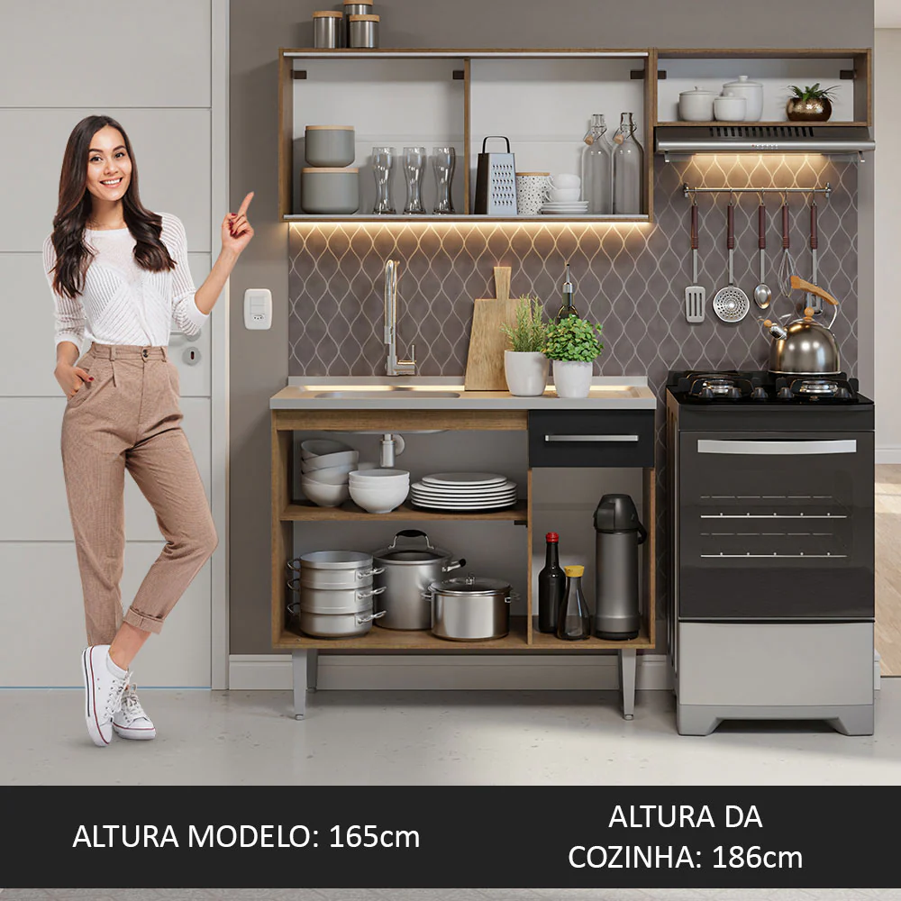 Armário de Cozinha Compacta 165cm com Pia Rustic/Preto Emilly Madesa 05 - Image 5