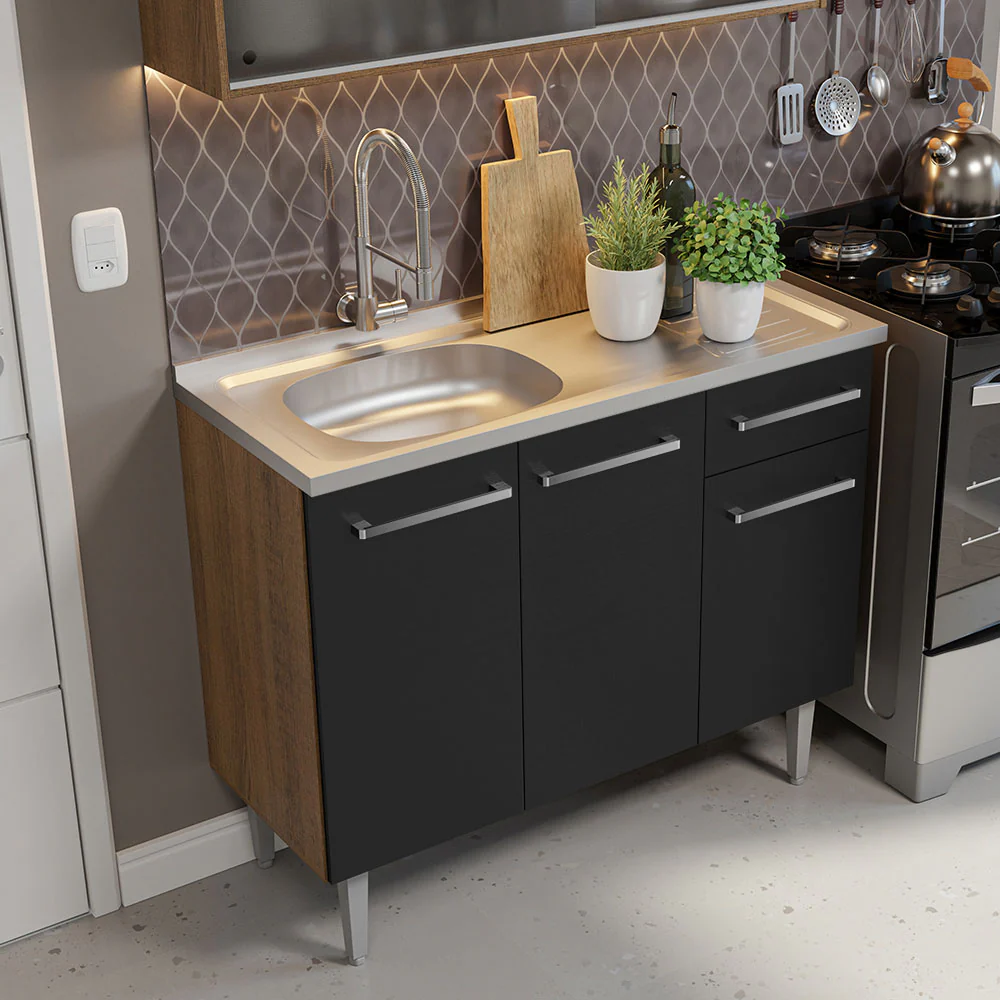 Armário de Cozinha Compacta 165cm com Pia Rustic/Preto Emilly Madesa 05 - Image 6