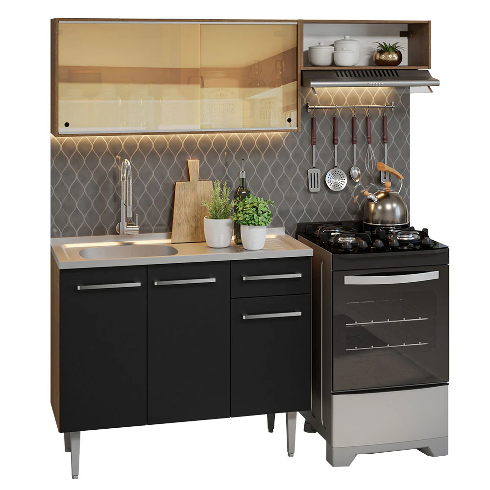 Armário de Cozinha Compacta 165cm com Pia Rustic/Preto Emilly Madesa 06 - Image 2