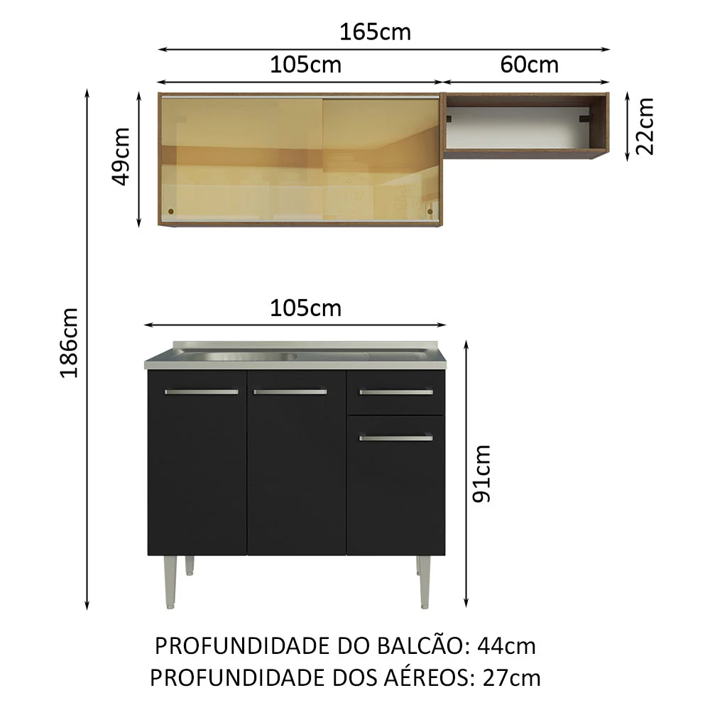 Armário de Cozinha Compacta 165cm com Pia Rustic/Preto Emilly Madesa 06 - Image 3