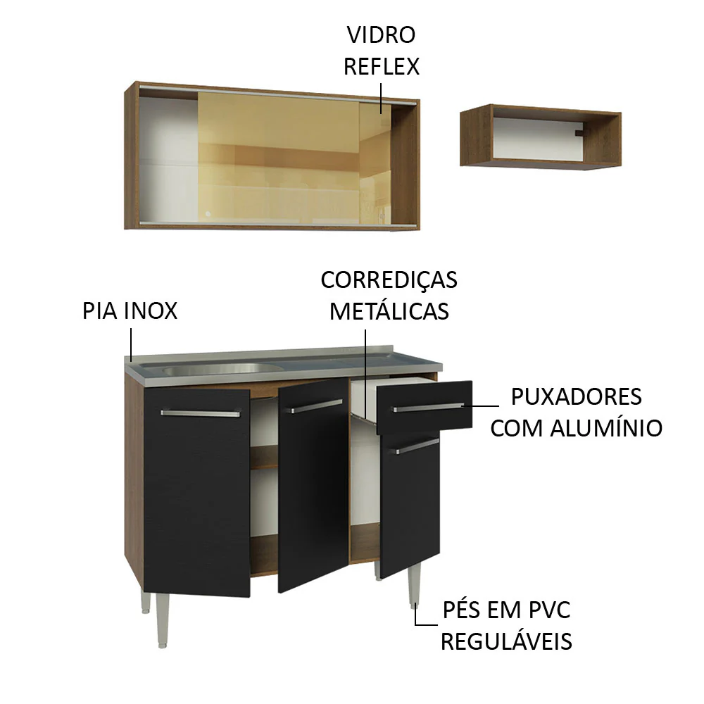 Armário de Cozinha Compacta 165cm com Pia Rustic/Preto Emilly Madesa 06 - Image 4