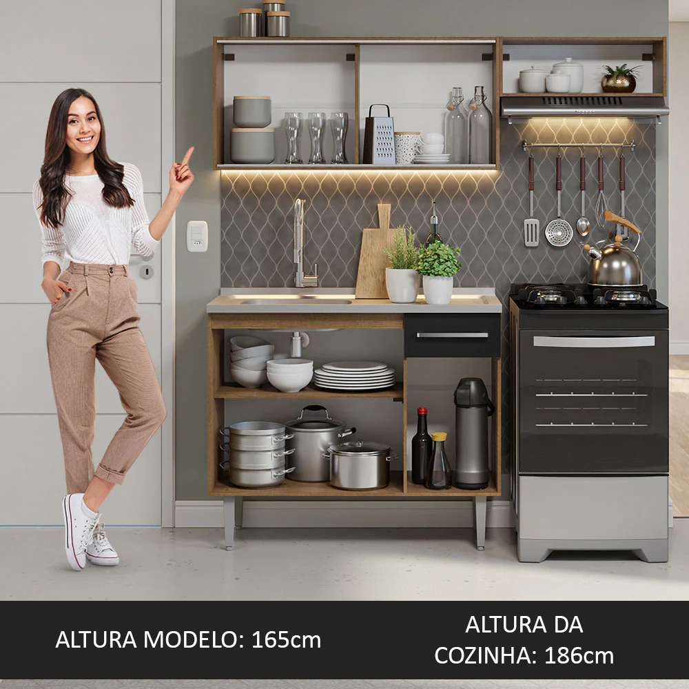 Armário de Cozinha Compacta 165cm com Pia Rustic/Preto Emilly Madesa 06 - Image 5
