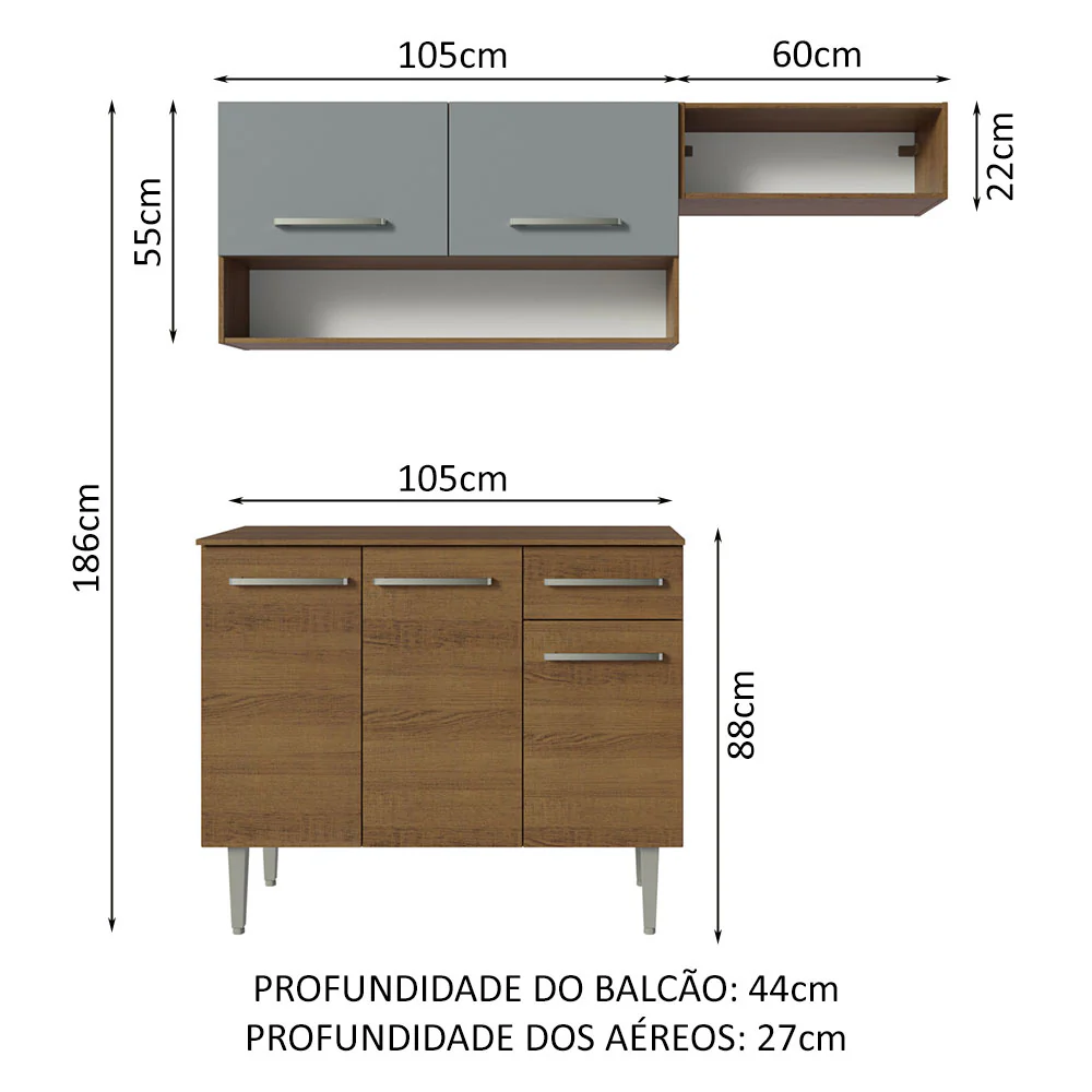 Armário de Cozinha Compacta 165cm Rustic/Cinza Emilly Madesa 07 - Image 3