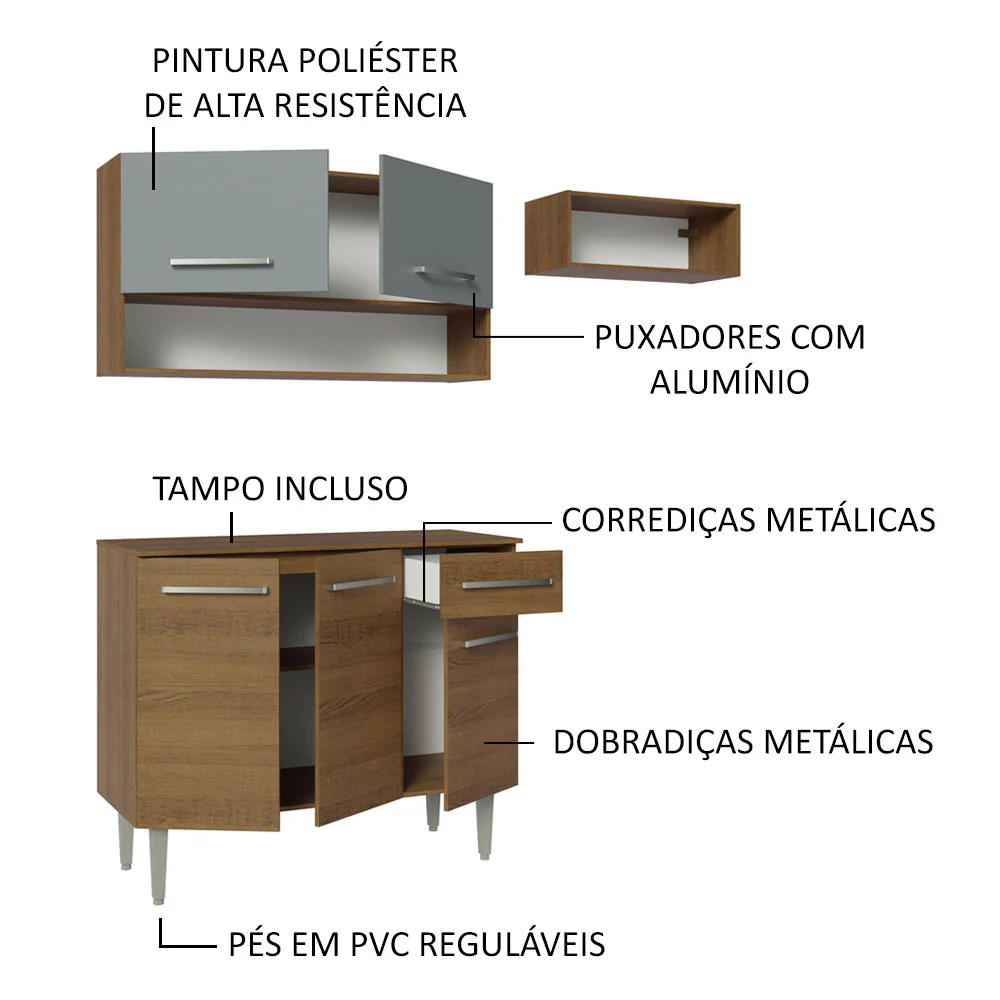 Armário de Cozinha Compacta 165cm Rustic/Cinza Emilly Madesa 07 - Image 4