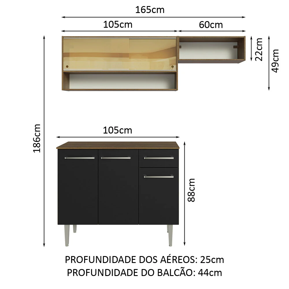 Armário de Cozinha Compacta 165cm Rustic/Preto Emilly Madesa 02 - Image 3