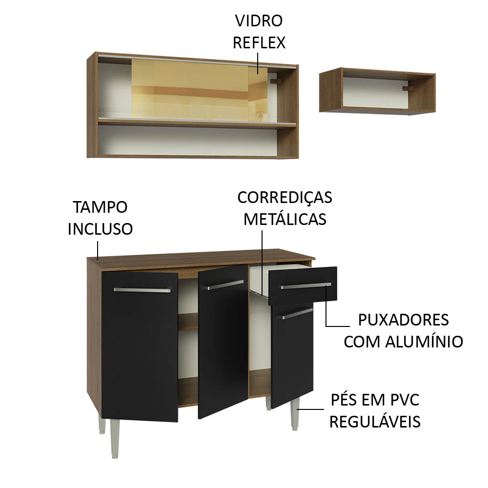 Armário de Cozinha Compacta 165cm Rustic/Preto Emilly Madesa 02 - Image 4