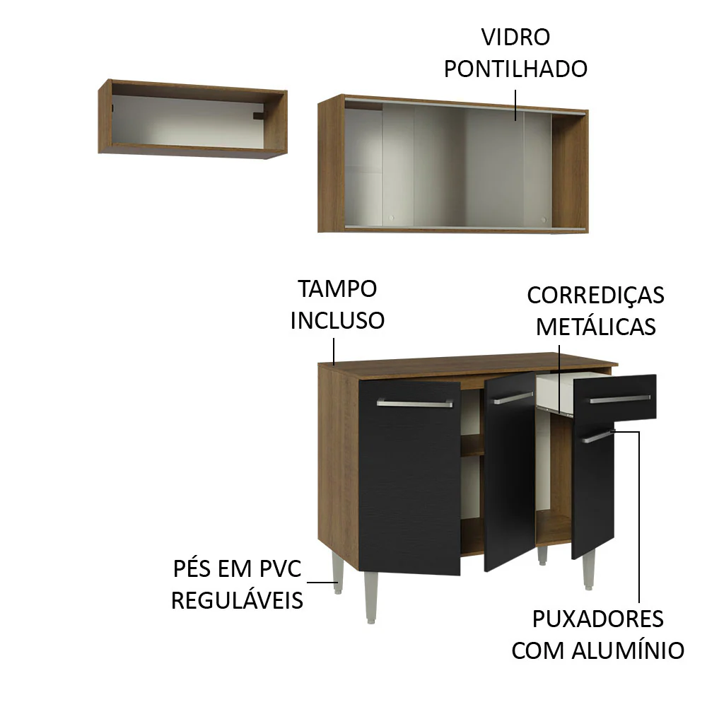 Armário de Cozinha Compacta 165cm Rustic/Preto Emilly Madesa 03 - Image 4