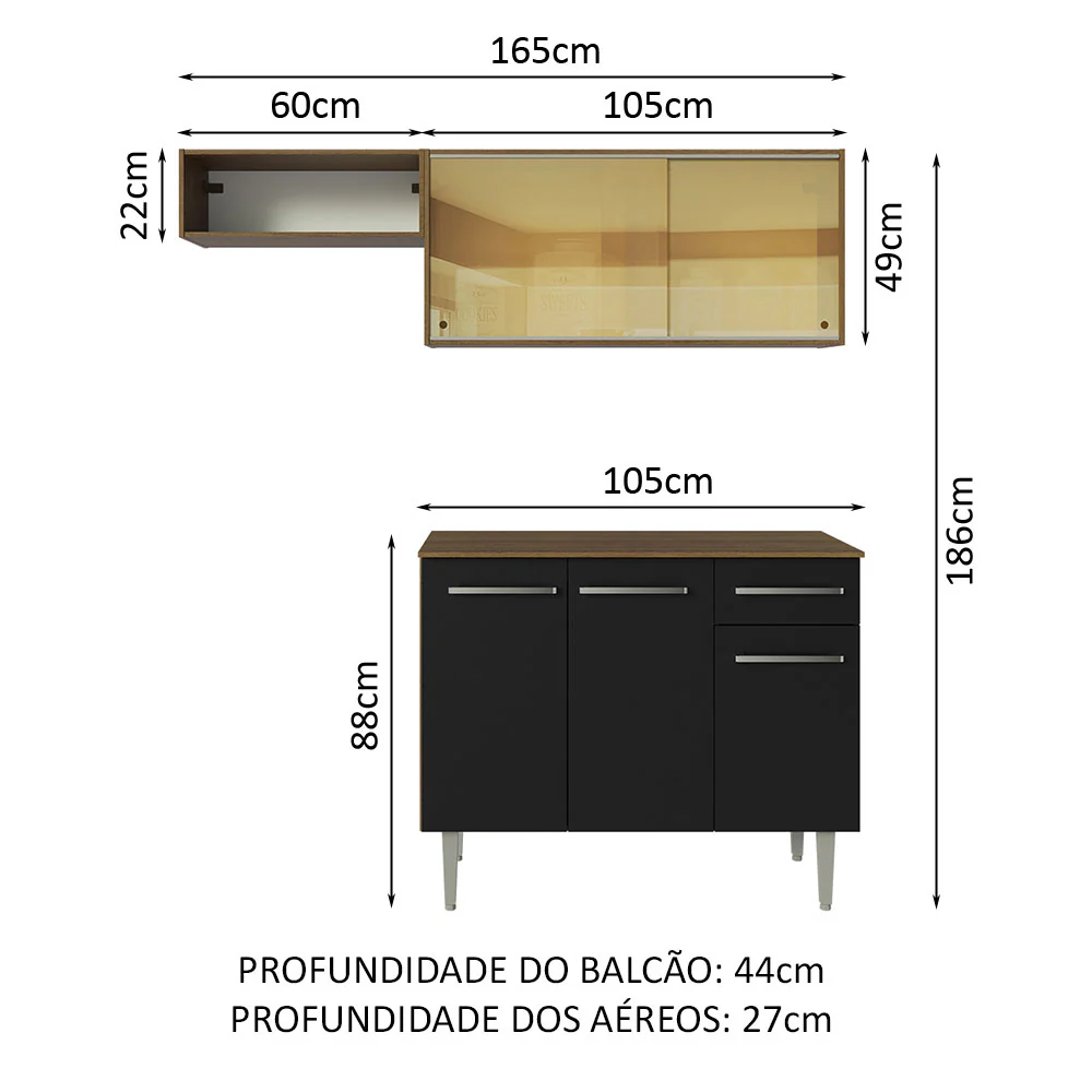 Armário de Cozinha Compacta 165cm Rustic/Preto Emilly Madesa 04 - Image 3