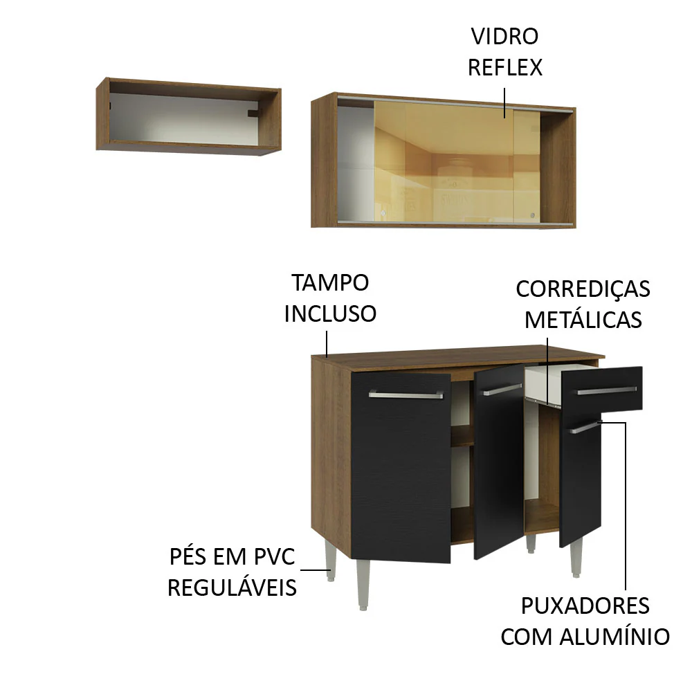 Armário de Cozinha Compacta 165cm Rustic/Preto Emilly Madesa 04 - Image 4