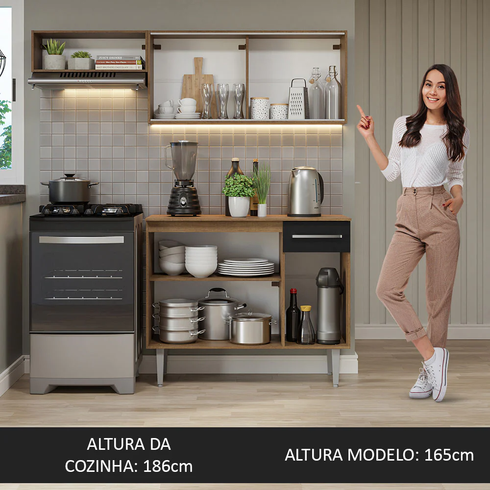 Armário de Cozinha Compacta 165cm Rustic/Preto Emilly Madesa 04 - Image 5