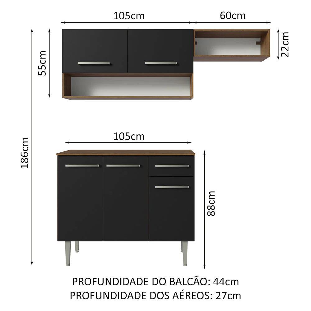 Armário de Cozinha Compacta 165cm Rustic/Preto Emilly Madesa 07 - Image 3