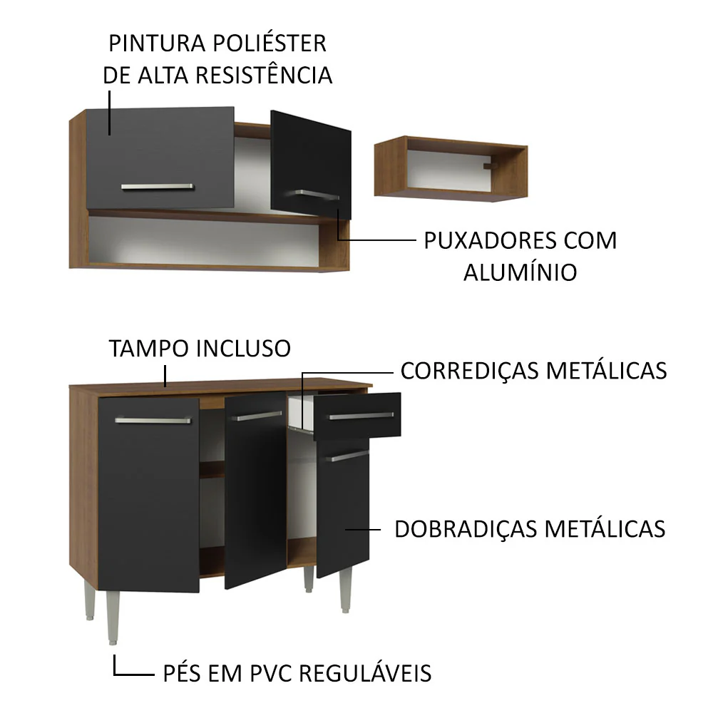 Armário de Cozinha Compacta 165cm Rustic/Preto Emilly Madesa 07 - Image 4