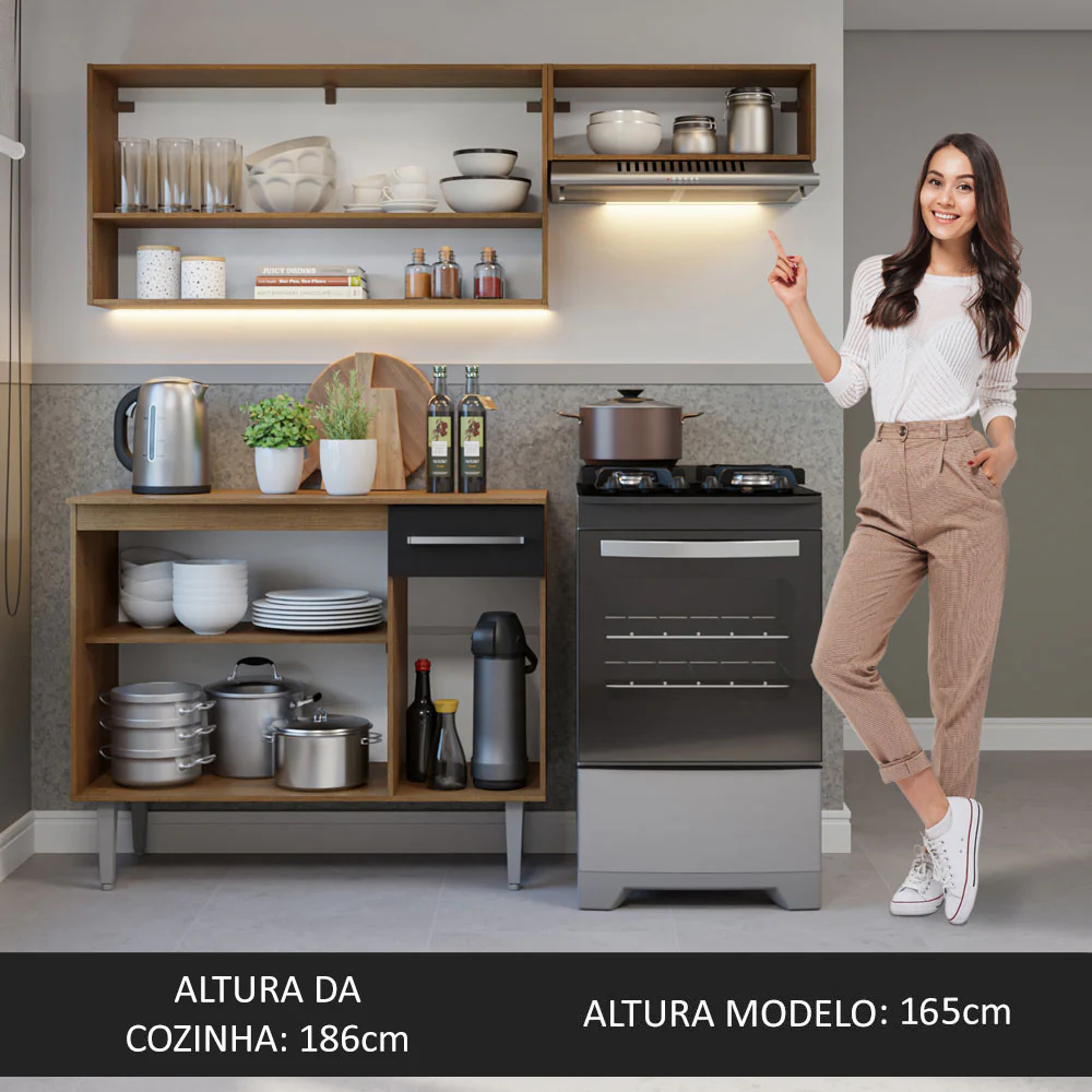 Armário de Cozinha Compacta 165cm Rustic/Preto Emilly Madesa 07 - Image 5