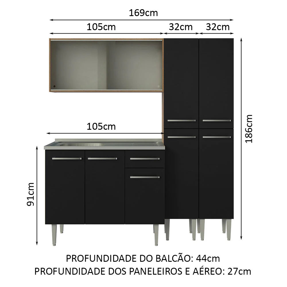 Armário de Cozinha Compacta 169cm com Pia Rustic/Preto Emilly Madesa 11 - Image 3