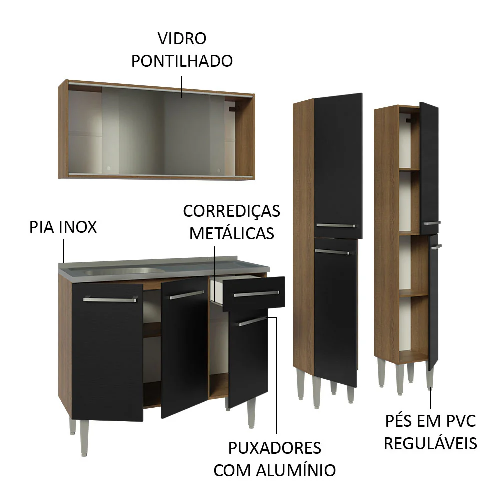 Armário de Cozinha Compacta 169cm com Pia Rustic/Preto Emilly Madesa 11 - Image 4