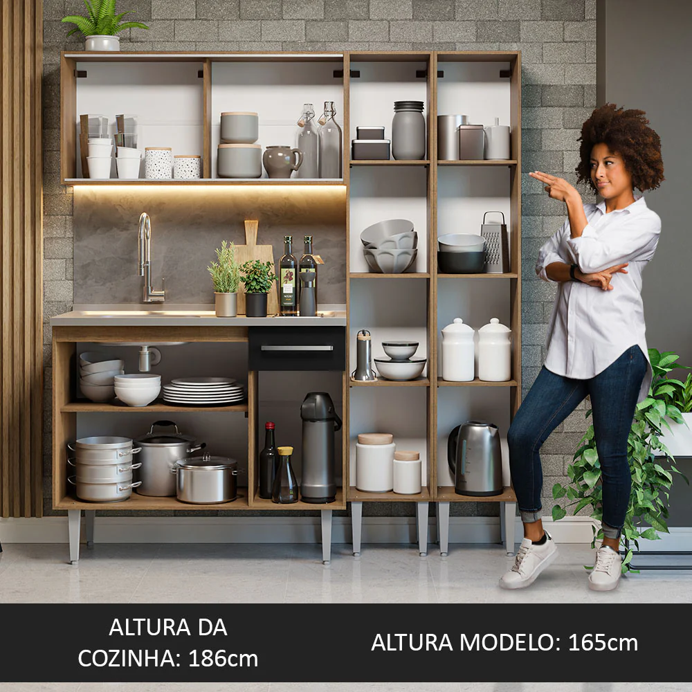 Armário de Cozinha Compacta 169cm com Pia Rustic/Preto Emilly Madesa 11 - Image 5