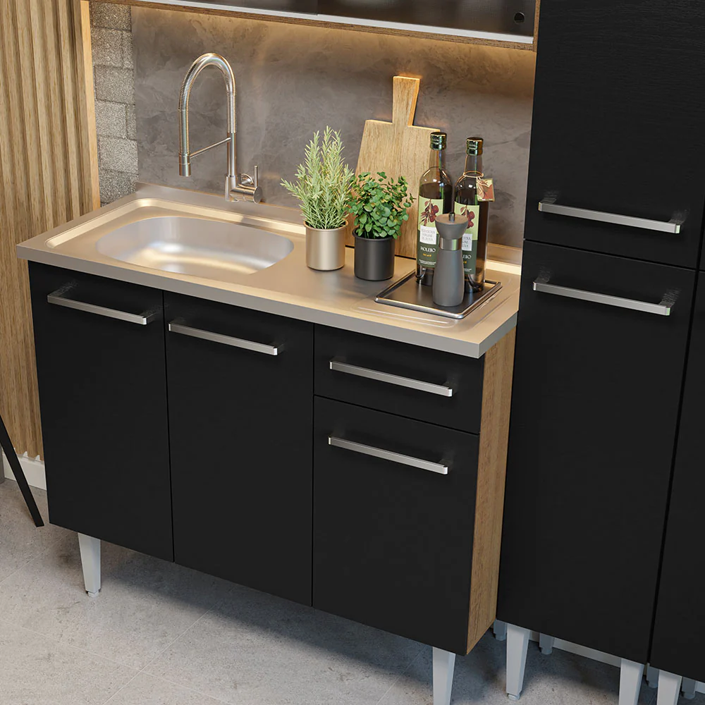 Armário de Cozinha Compacta 169cm com Pia Rustic/Preto Emilly Madesa 11 - Image 6