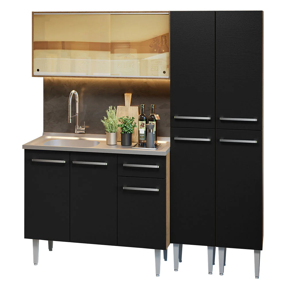 Armário de Cozinha Compacta 169cm com Pia Rustic/Preto Emilly Madesa 12 - Image 2