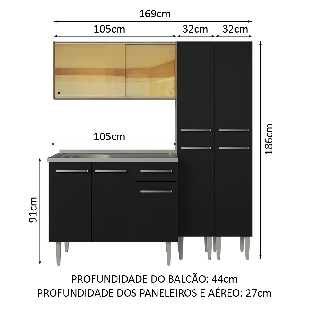 Armário de Cozinha Compacta 169cm com Pia Rustic/Preto Emilly Madesa 12 - Image 3