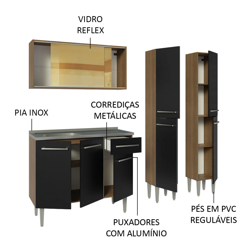 Armário de Cozinha Compacta 169cm com Pia Rustic/Preto Emilly Madesa 12 - Image 4