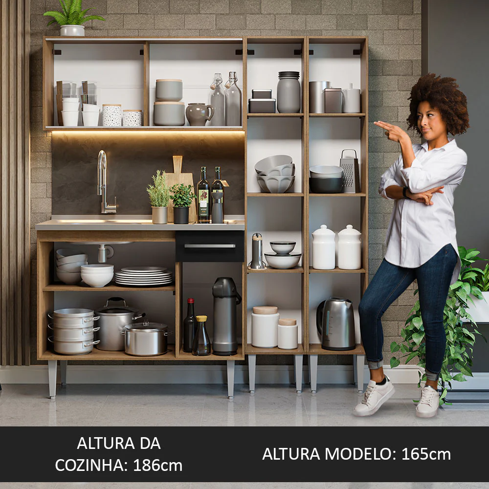 Armário de Cozinha Compacta 169cm com Pia Rustic/Preto Emilly Madesa 12 - Image 5