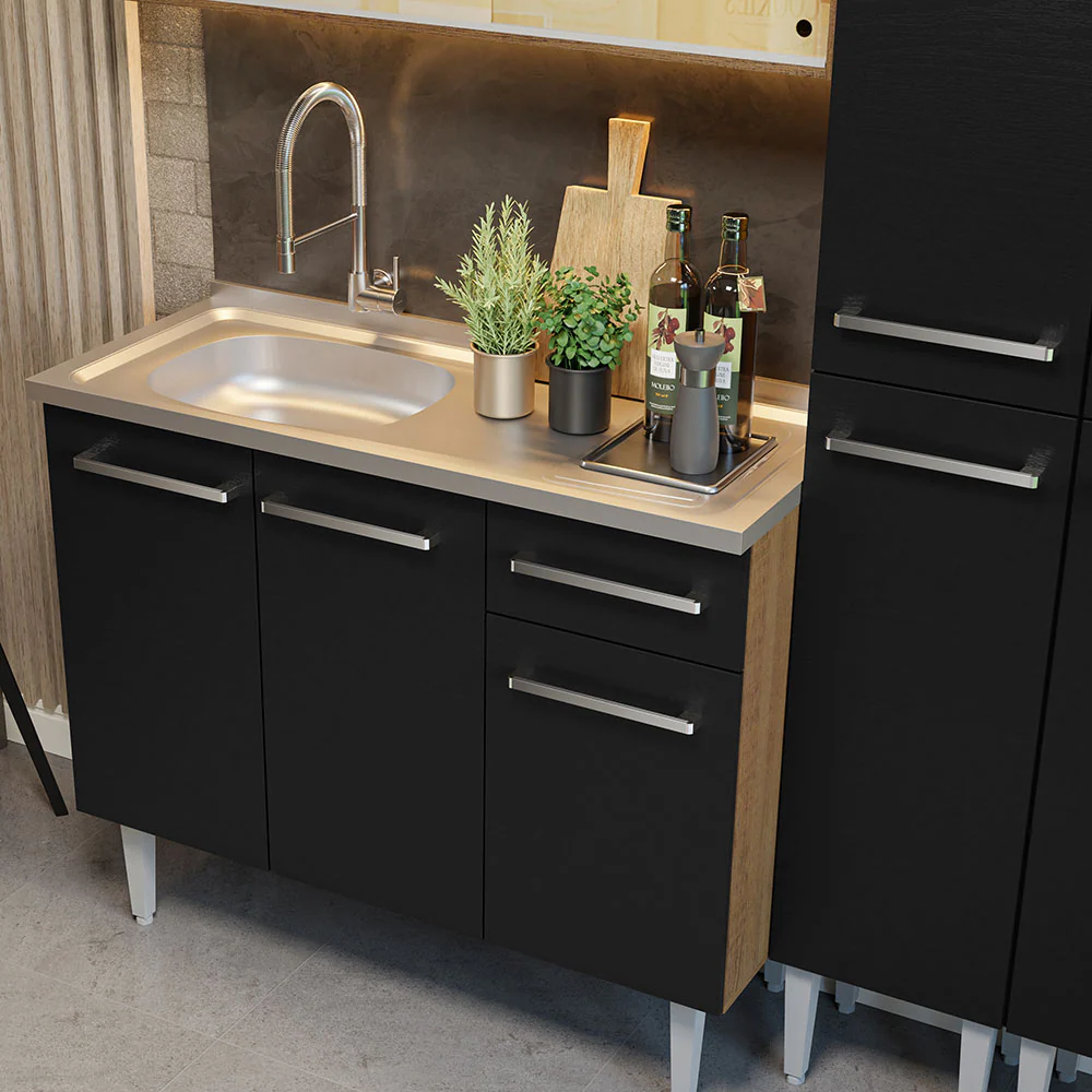Armário de Cozinha Compacta 169cm com Pia Rustic/Preto Emilly Madesa 12 - Image 6