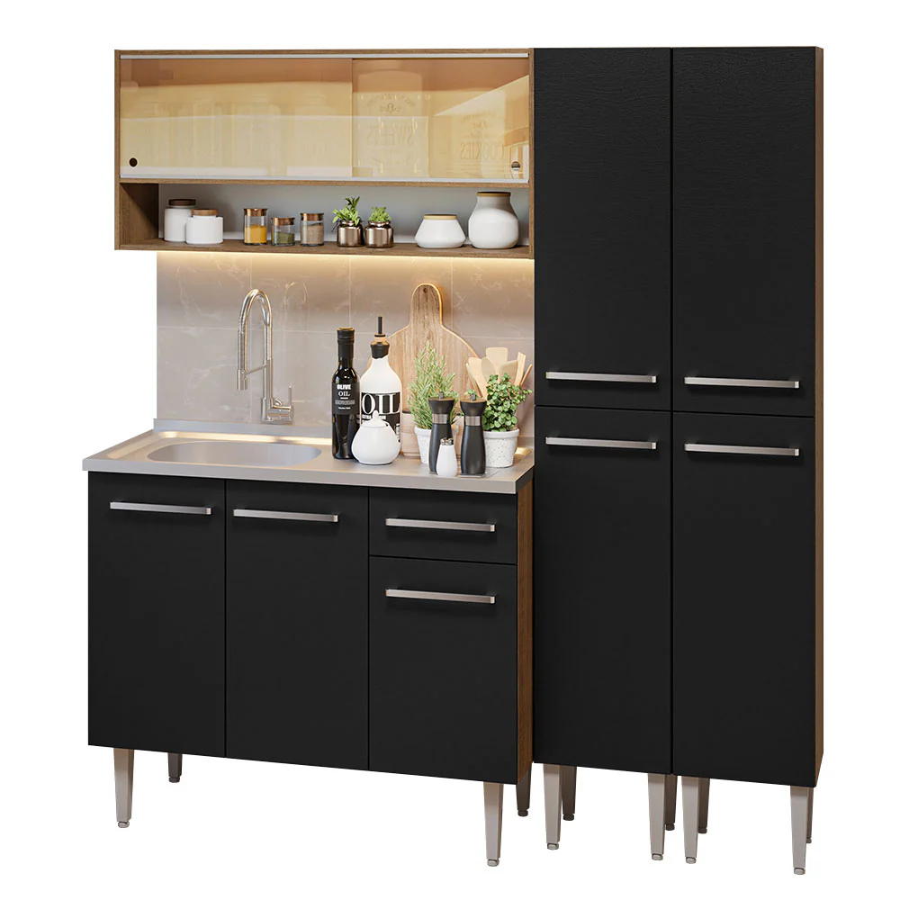 Armário de Cozinha Compacta 169cm com Pia Rustic/Preto Emilly Madesa 14 - Image 2