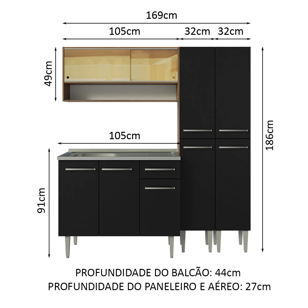 Armário de Cozinha Compacta 169cm com Pia Rustic/Preto Emilly Madesa 14 - Image 3