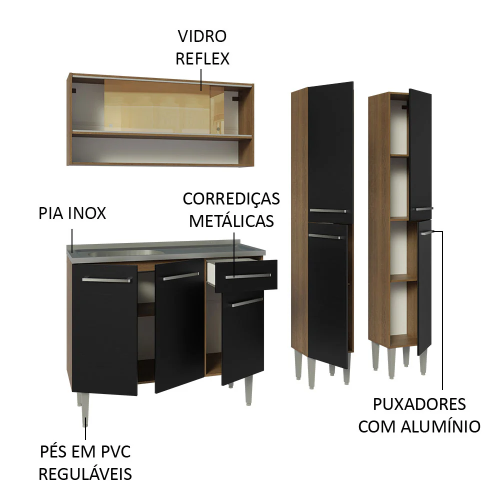 Armário de Cozinha Compacta 169cm com Pia Rustic/Preto Emilly Madesa 14 - Image 4