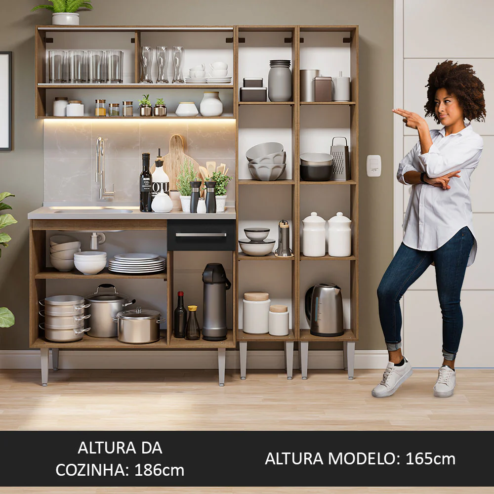 Armário de Cozinha Compacta 169cm com Pia Rustic/Preto Emilly Madesa 14 - Image 5