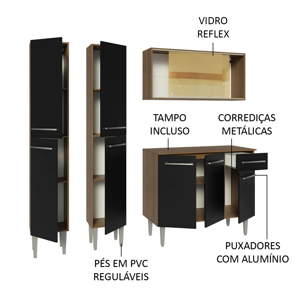 Armário de Cozinha Compacta 169cm Rustic/Preto Emilly Madesa 09 - Image 4