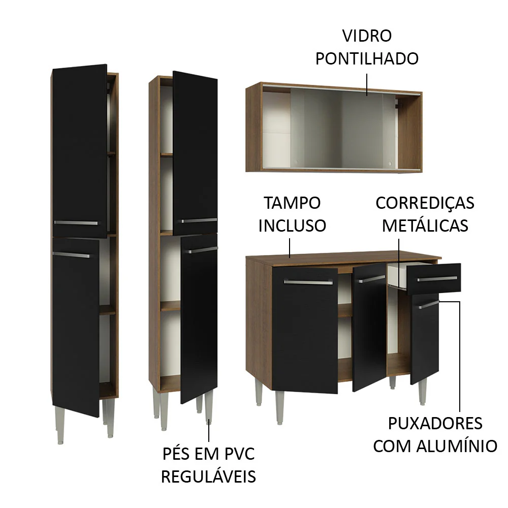 Armário de Cozinha Compacta 169cm Rustic/Preto Emilly Madesa 10 - Image 4